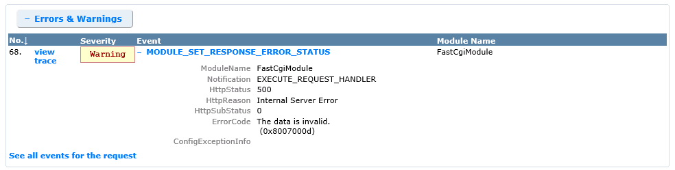 IIS Request Trace for Joomla HTTP 500 error