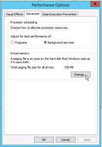 click advanced in Windows Server Performance Options to change pagfile settings
