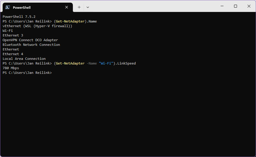 PowerShell Get-NetAdapter with .LinkSpeed property in action