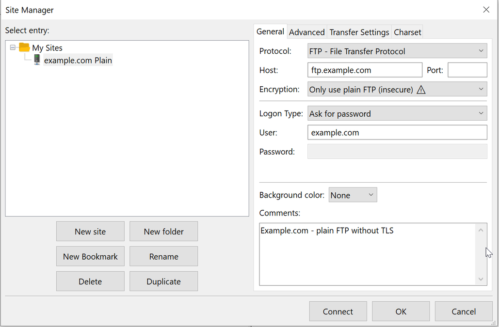 plain FTP without TLS configured in an FileZilla Site Manager entry.