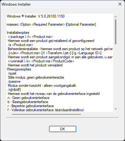 Windows Installer command-line parameters and options, in Dutch