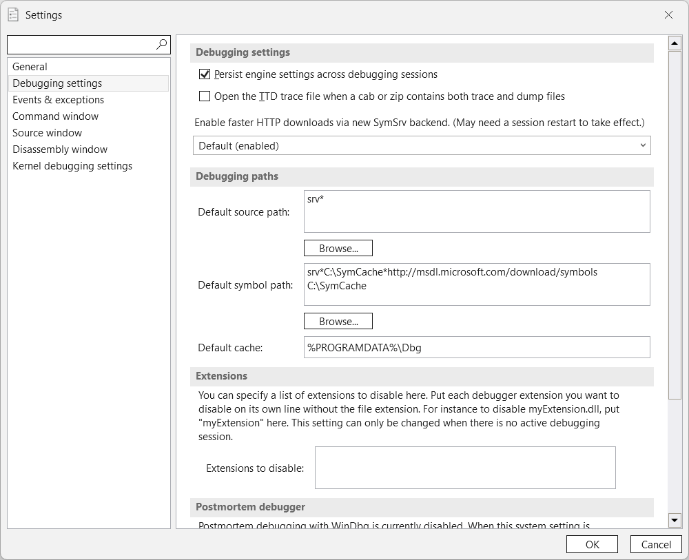 WinDbg app symbol path Settings