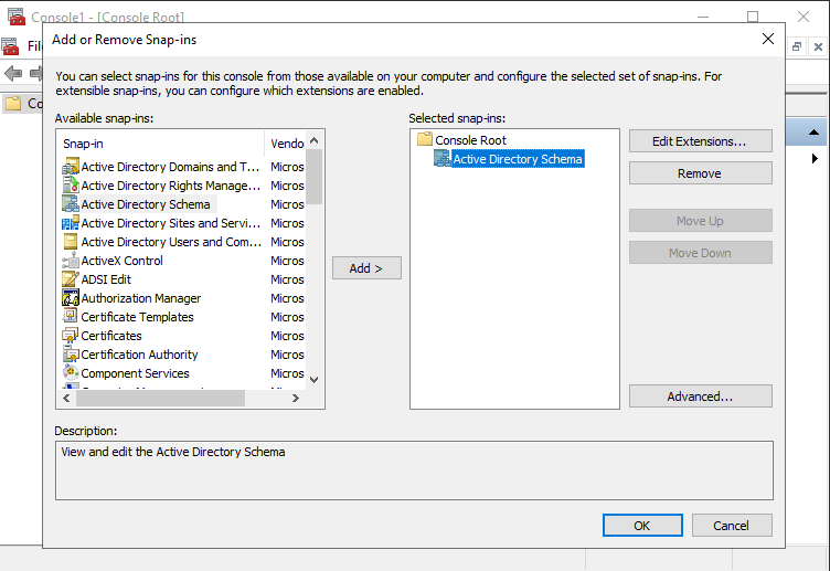 Load the Active Directory Schema Snap-In in Microsoft Management Console (MMC).