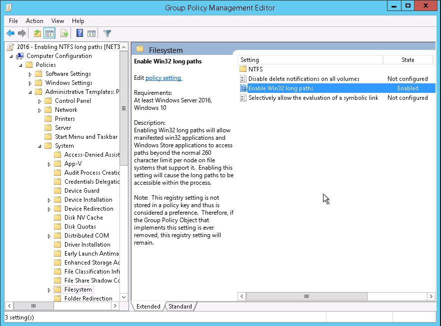 This screen configures the GPO "Enable Win32 long paths".