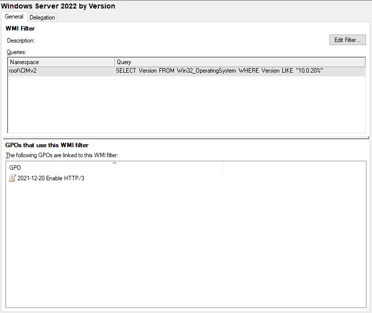 WMI Query GPMC WMI Filter Query to select Windows Server 2022 by Version property