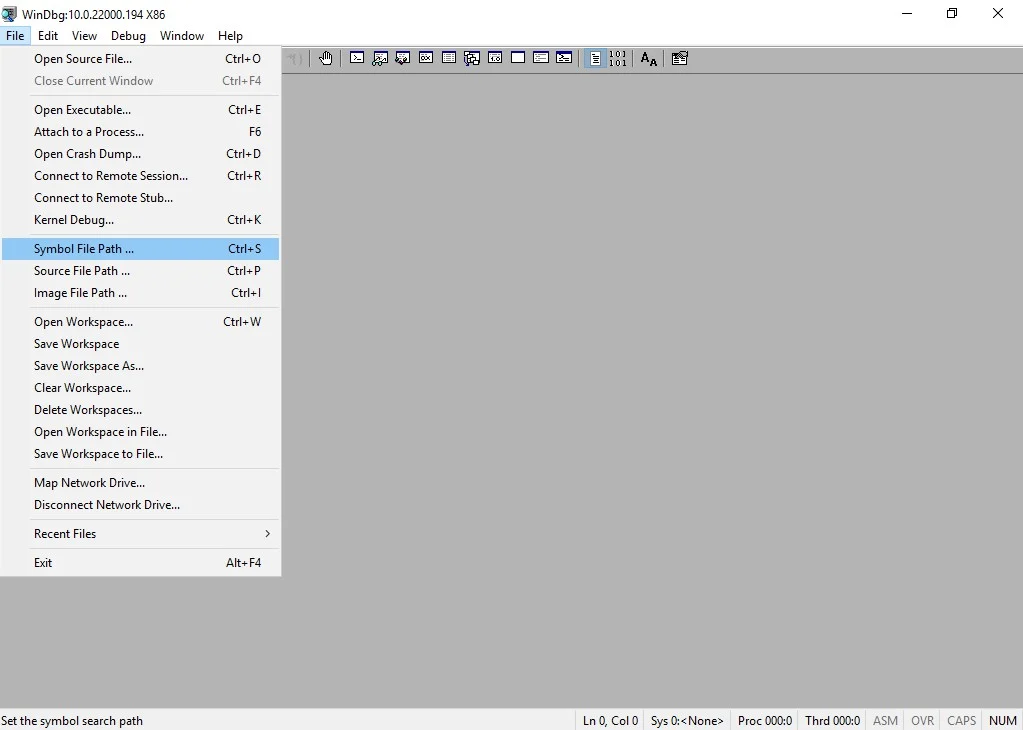 Open the WinDbg Symbol File Path settings