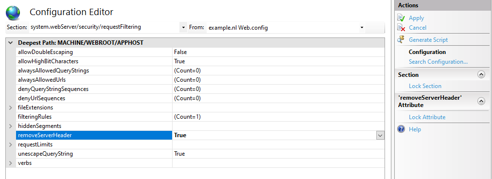 IIS Manager Configuration Editor setting property removeServerHeader to true