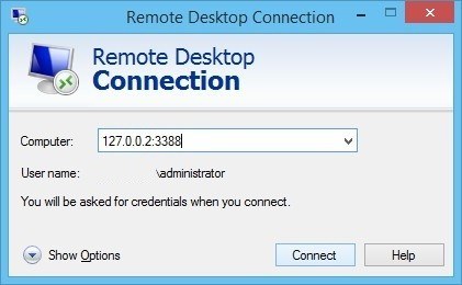 Remote Desktop Connection to 127.0.0.2:3388