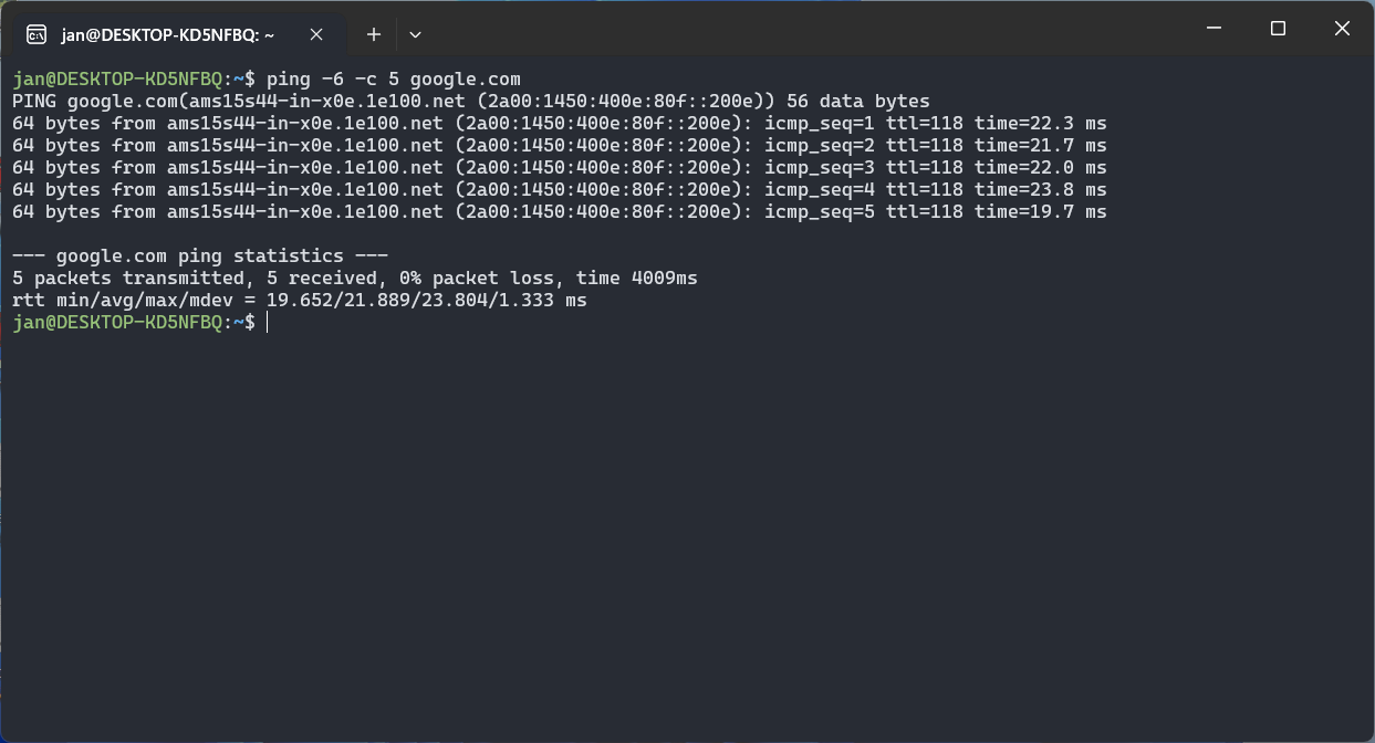 Ping IPv6 address in WSL 2 Bash