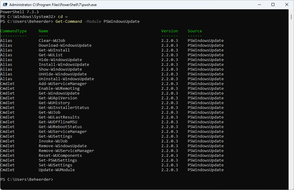 Get-Command -Module PSWindowsUpdate shows all available commands, cmdlets and functions in this module