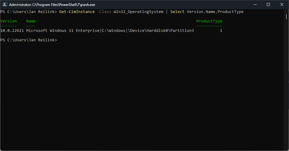 Get-CimInstance Class Win32_OperatingSystem example, listing Version, Name and ProductType