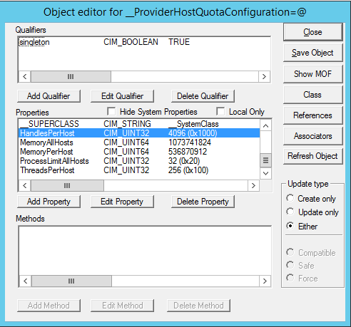 WBEMTEST object editor for __ProviderHostQuotaConfiguration