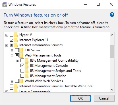 Turn Windows features on or off, Internet Information Services and IIS Management Console selected