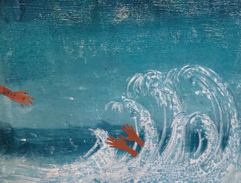 A painting of a hand reaching out to help two hands in a wave