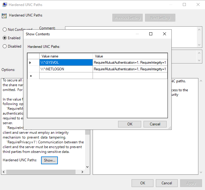 Hardened UNC Path for NETLOGON and SYSVOL