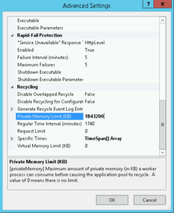 WSUS IIS Application Pool Advanced Settings
