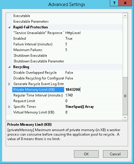 WSUS IIS Application Pool Advanced Settings
