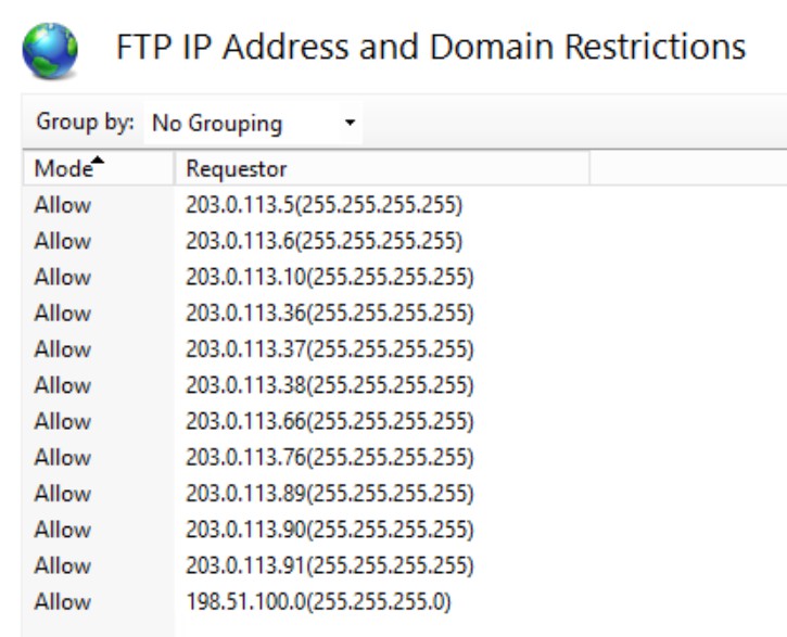 Allowed IP addresses whitelisted in IIS FTP